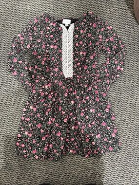 Place Black Floral Henley Dress with Pink Roses